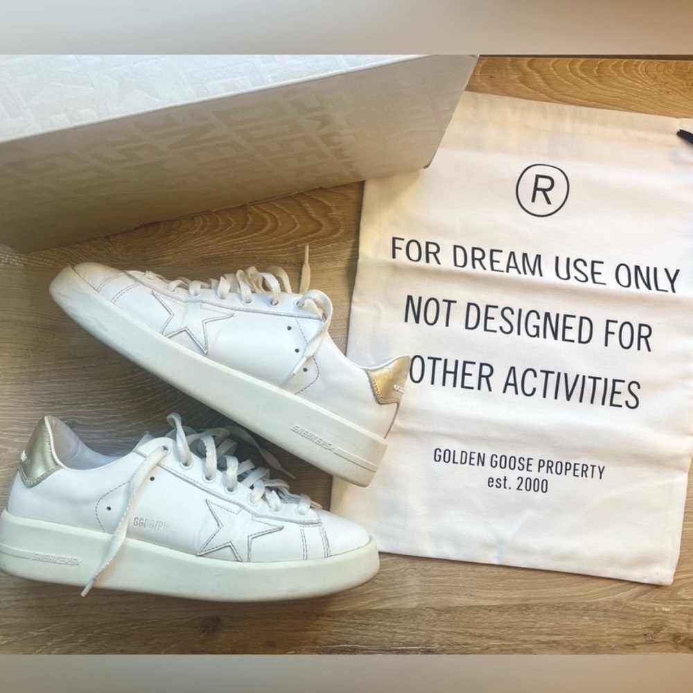 Authentic Golden Goose Purestar sneakers size 38/8. Gold back. 🤍🤍🤍